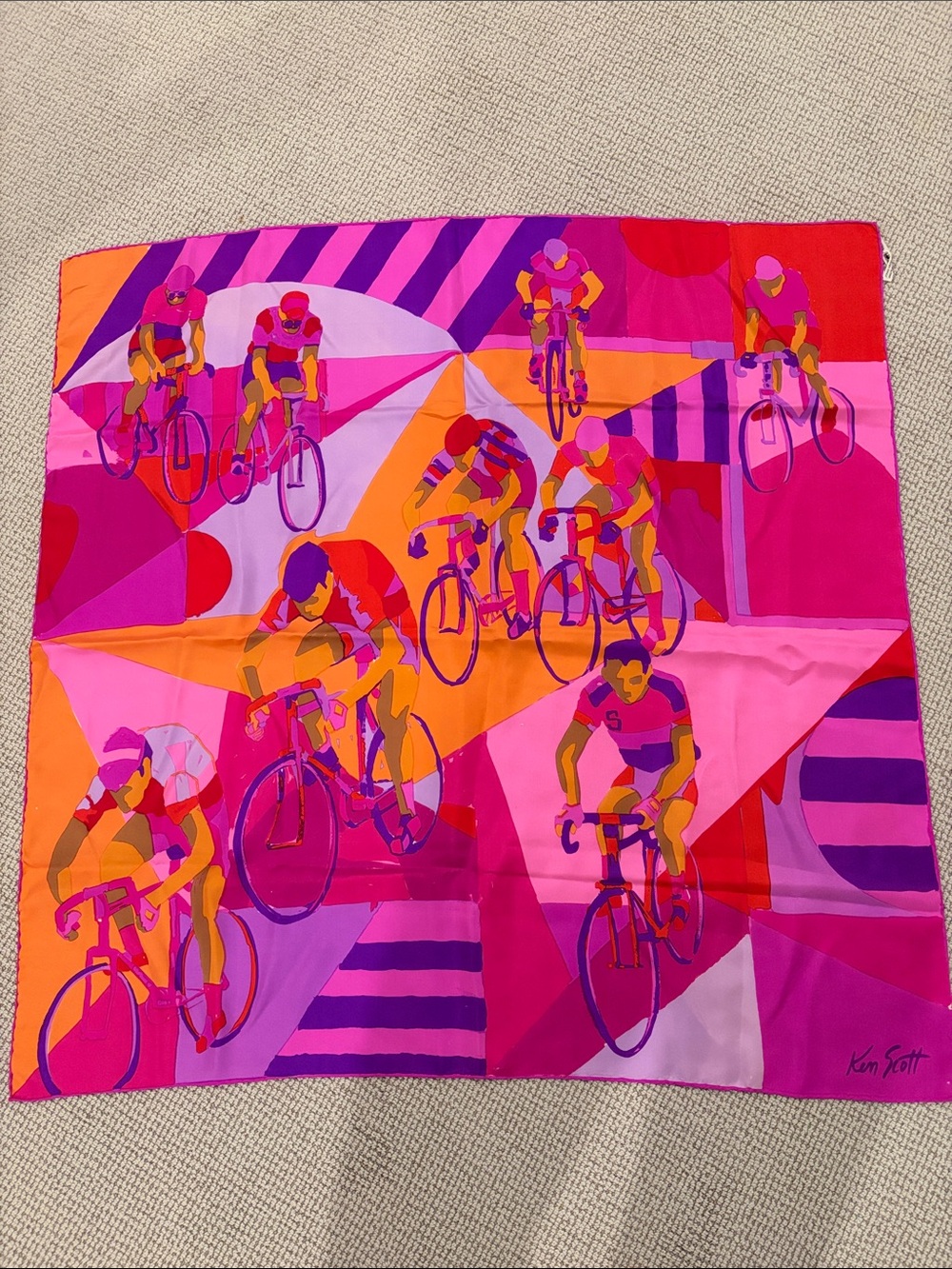 Vintage Ken Scott Cyclists Silk Scarf - Pink & Orange Graphic